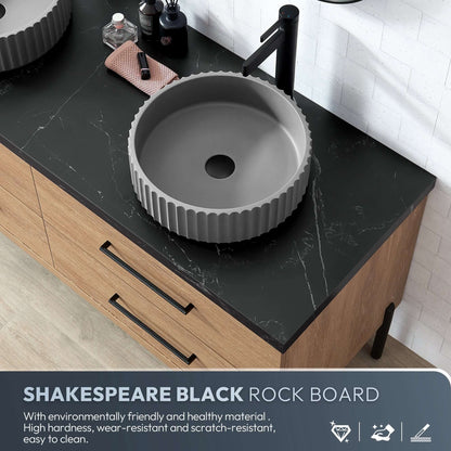 Vinnova, Trento 36B Single Sink Bath Vanity in North American Oak with Black Sintered Stone Top with Concrete Sink displayed.