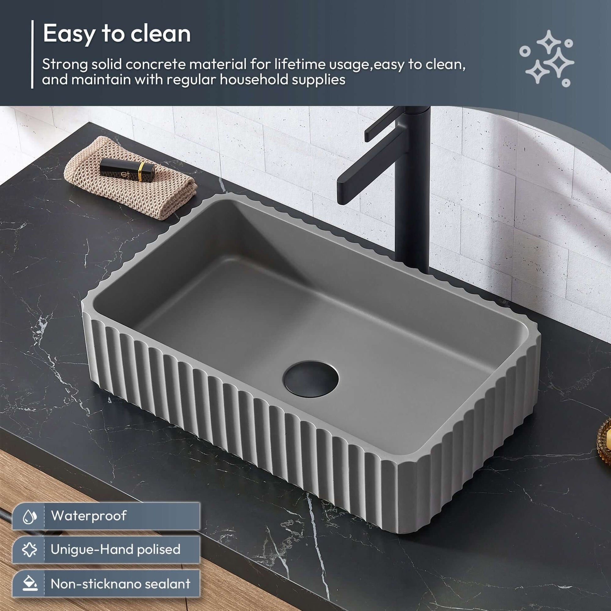 Vinnova, Trento 60A" Double Sink Bath Vanity in North American Oak with Black Sintered Stone Top and Concrete Sink