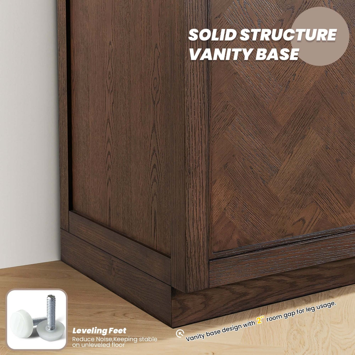 Close-up of Vinnova, Jakarta 36" Freestanding Single Bath Vanity in Aged Dark Brown Oak showcasing solid structure and base leveling.