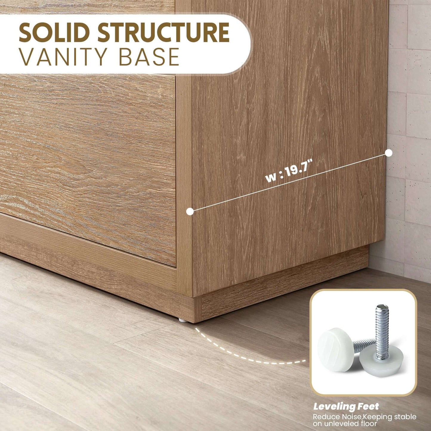 Vinnova, Huesca 84" Double Sink Bath Vanity in North American Oak with White Composite Integral Square Sink Top solid base and leveling feet