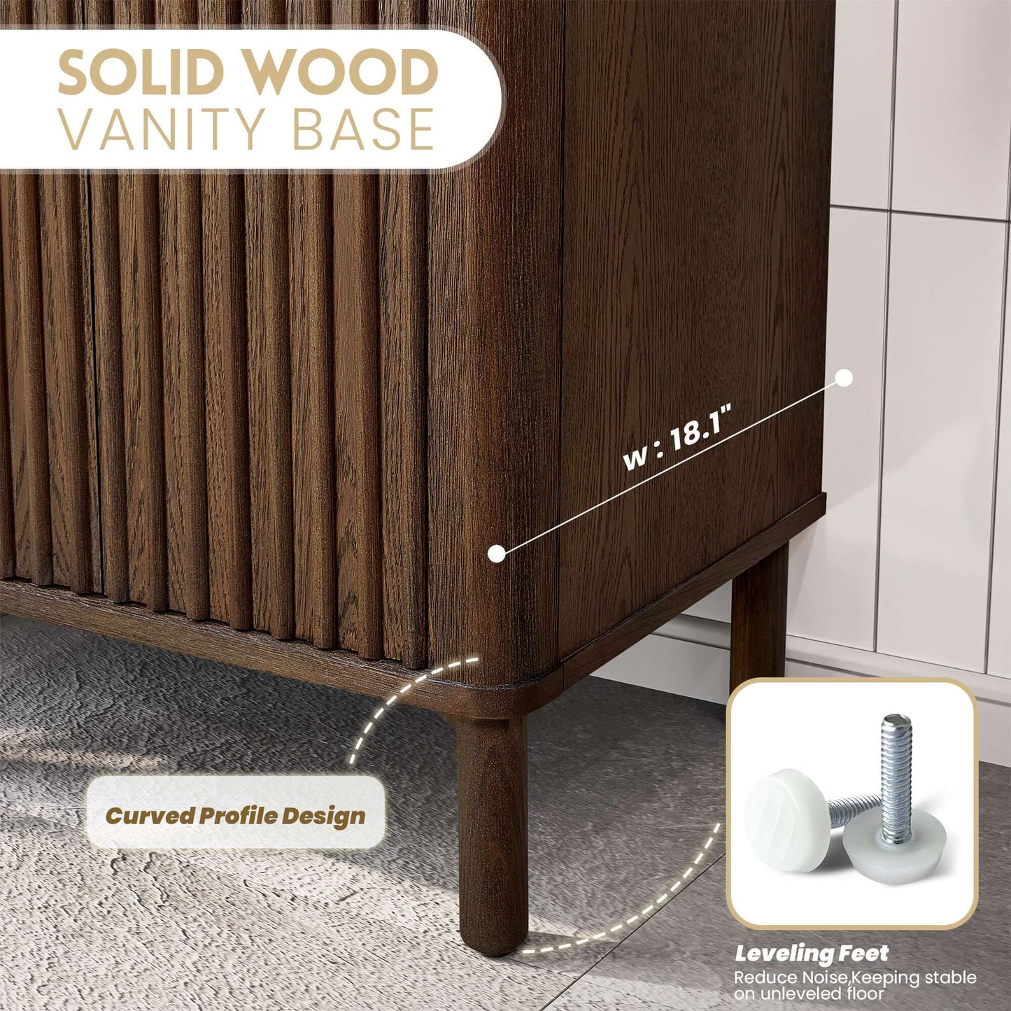 Solid wood base of Vinnova, Mumbai 24" Free-standing Single Bath Vanity in Aged Dark Brown Oak with leveling feet detail