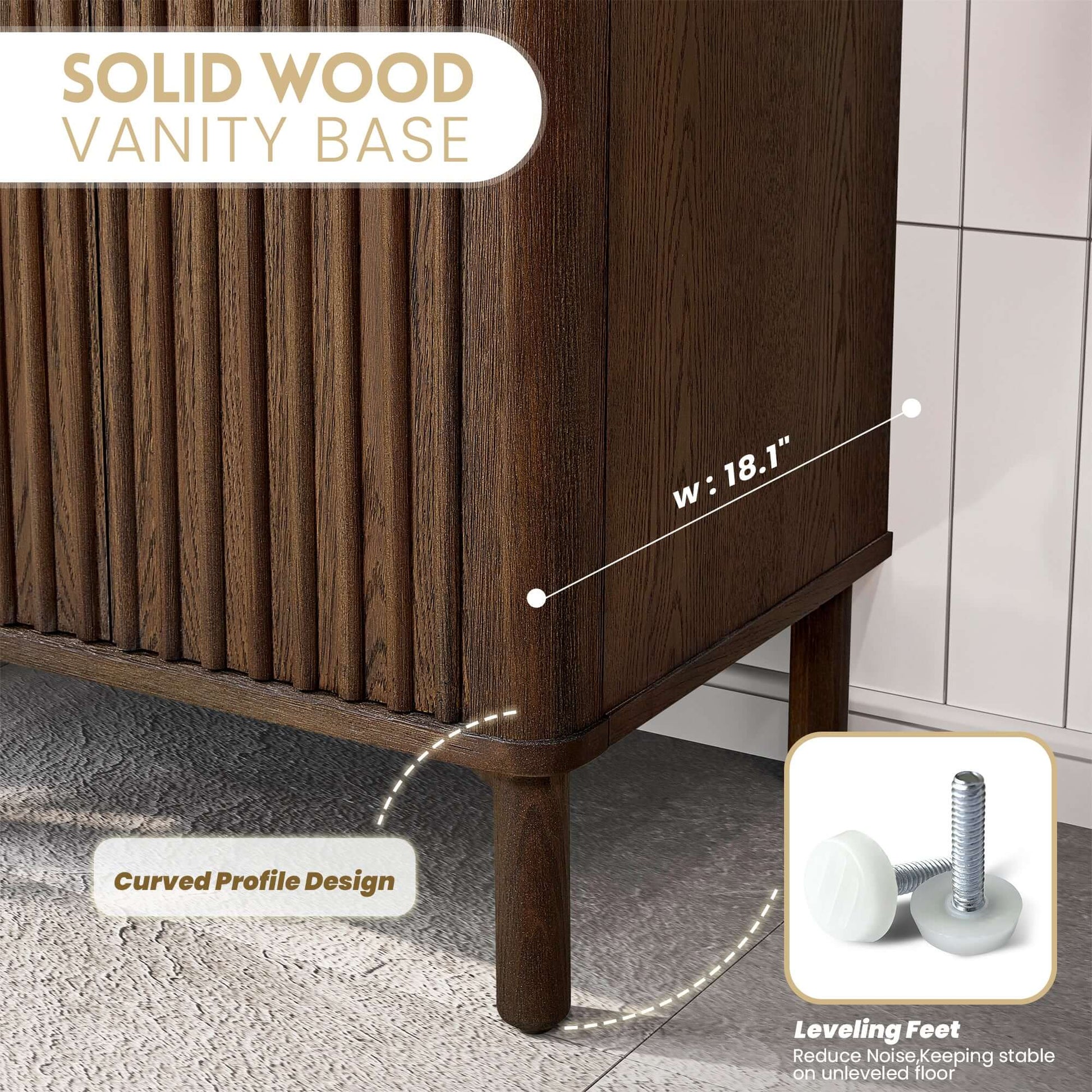 Solid wood base of Vinnova, Mumbai 24" Free-standing Single Bath Vanity in Aged Dark Brown Oak with leveling feet detail