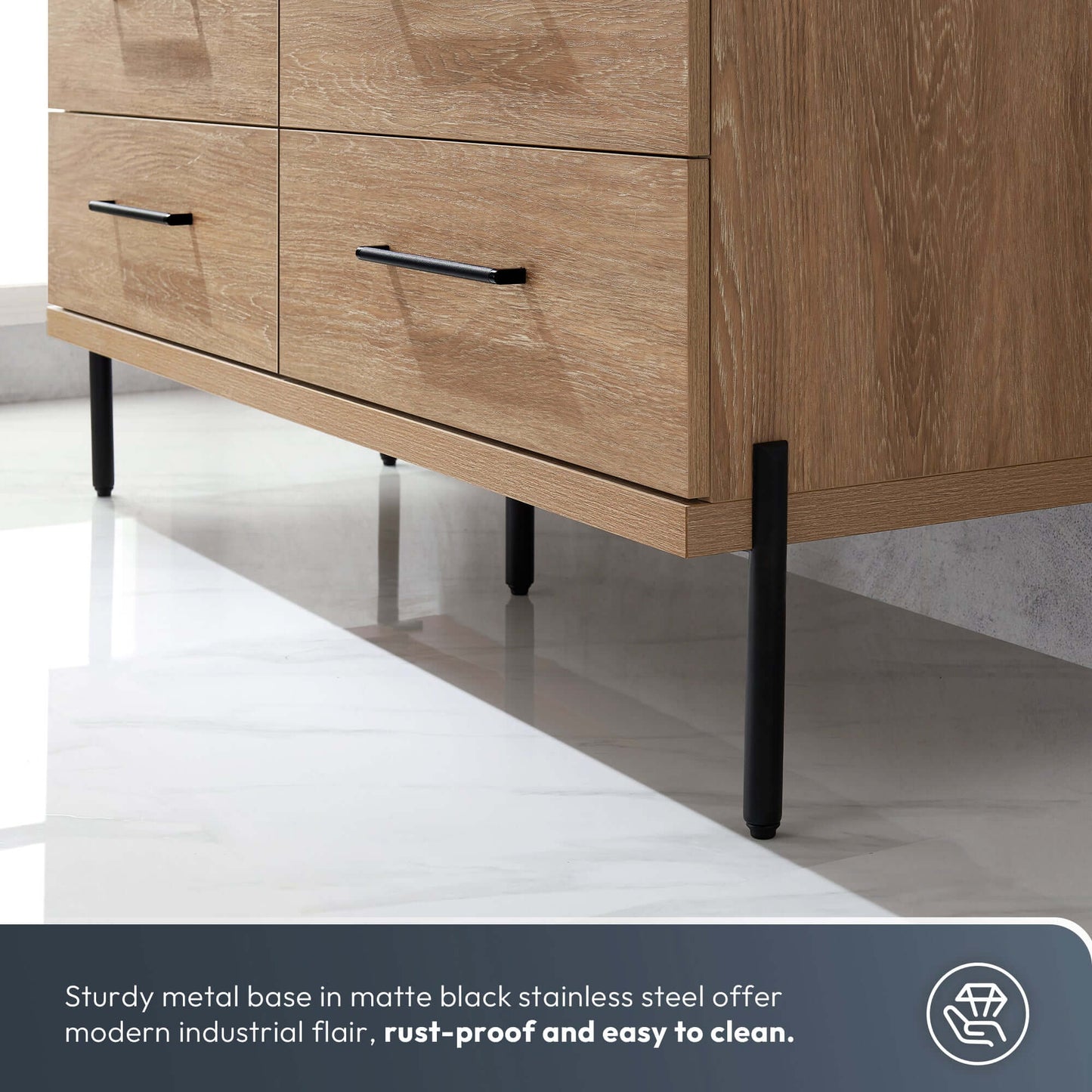 Vinnova, Trento 48B" Single Sink Bath Vanity in North American Oak with Black Sintered Stone Top with Concrete Sink and Mirror