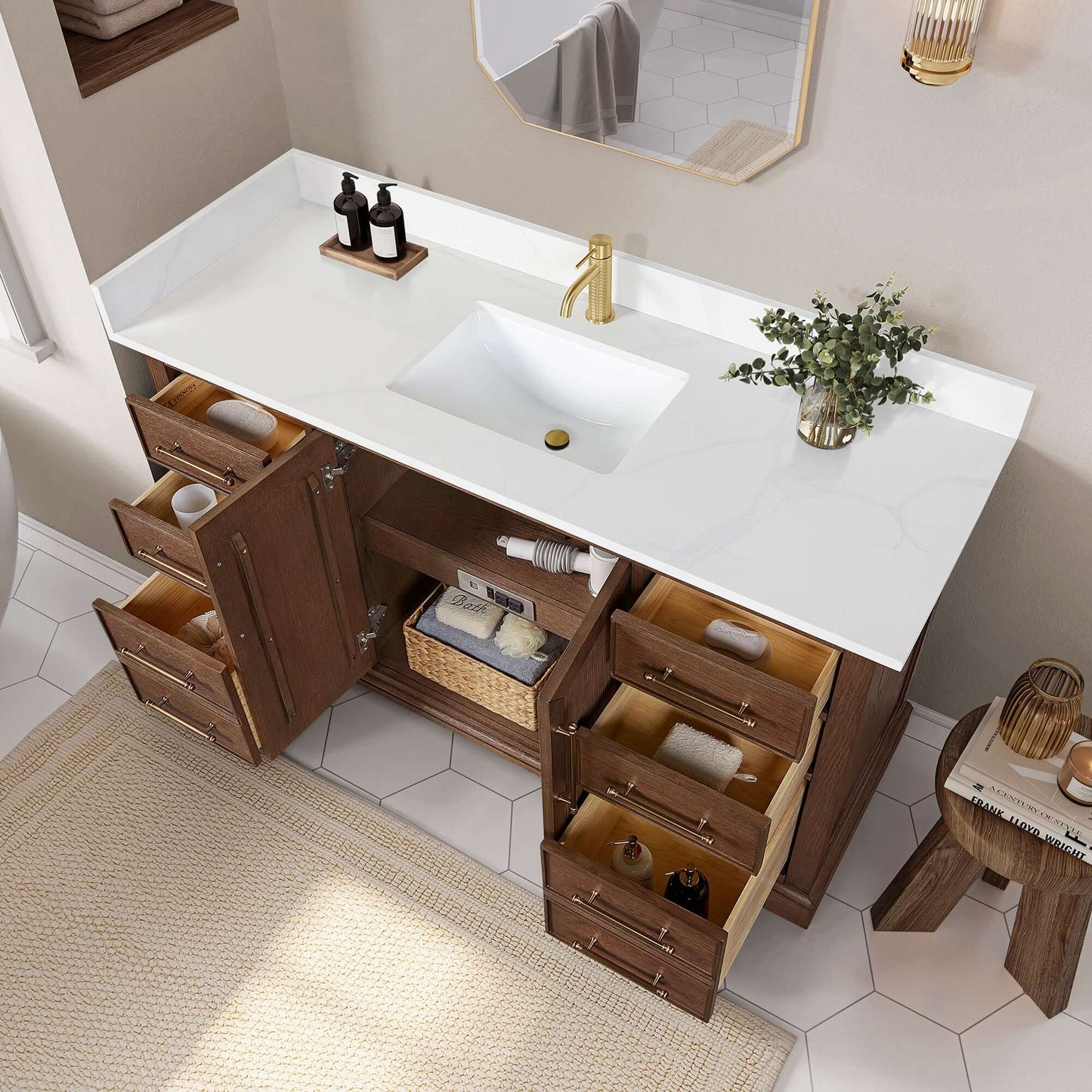 Vinnova, Tokyo 60" Freestanding Single Bath Vanity in Aged Dark Brown Oak with Silk White Quartz Stone Top displayed in bathroom