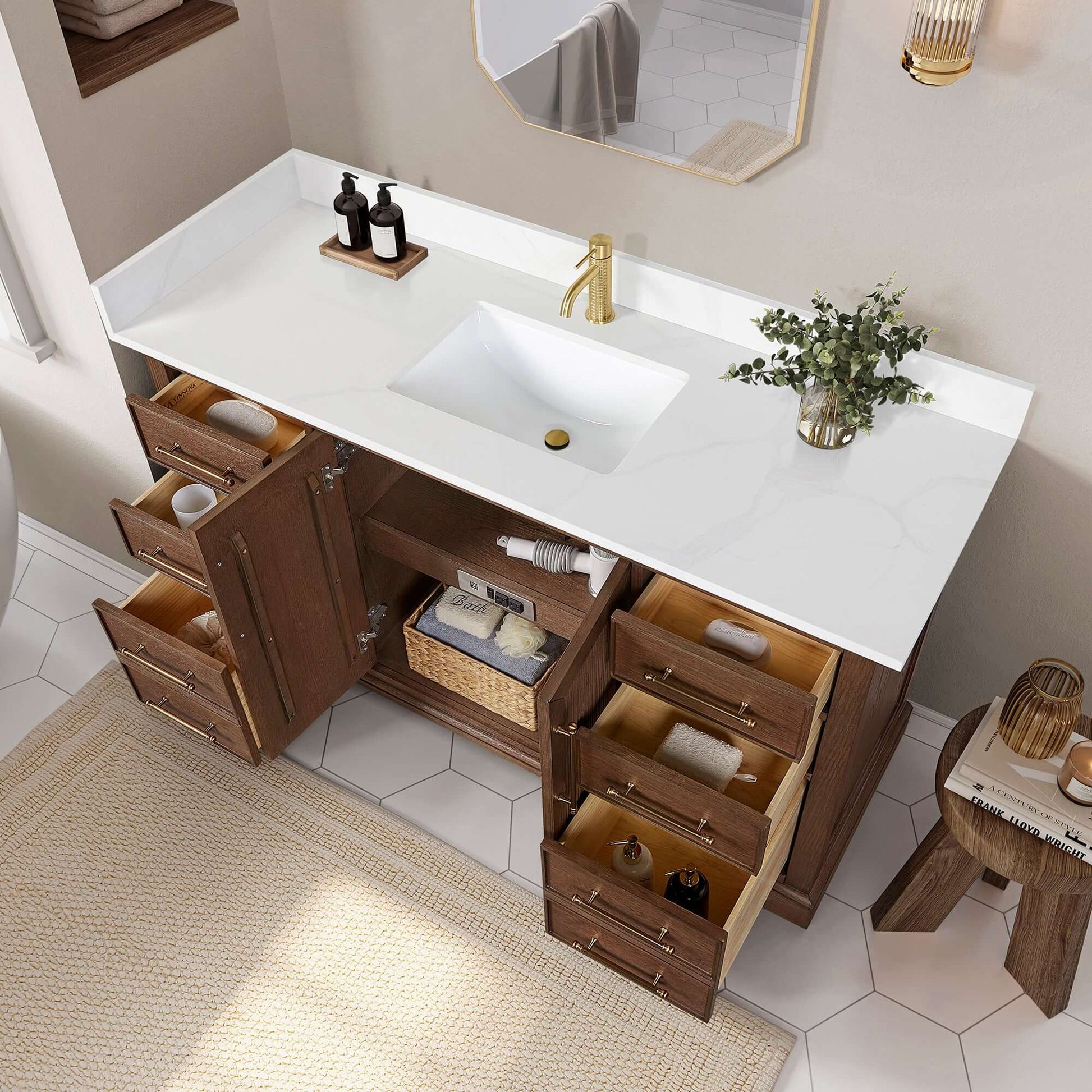 Vinnova, Tokyo 60" Freestanding Single Bath Vanity in Aged Dark Brown Oak with Silk White Quartz Stone Top displayed in bathroom