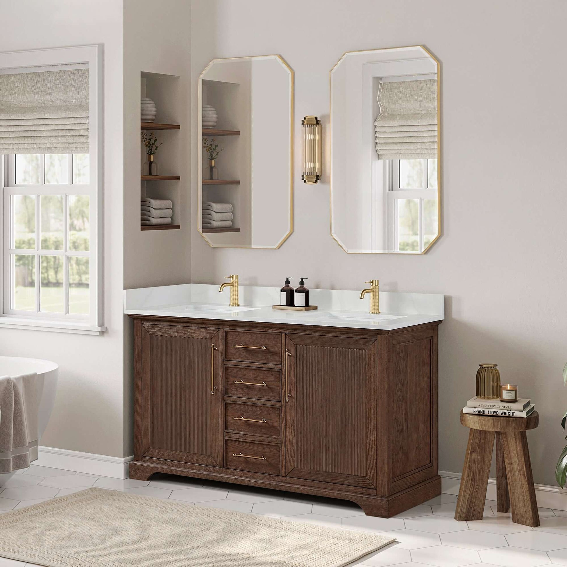 Vinnova, Tokyo 60M" Freestanding Double Bath Vanity in Aged Dark Brown Oak with Silk White Quartz Stone Top in modern bathroom.