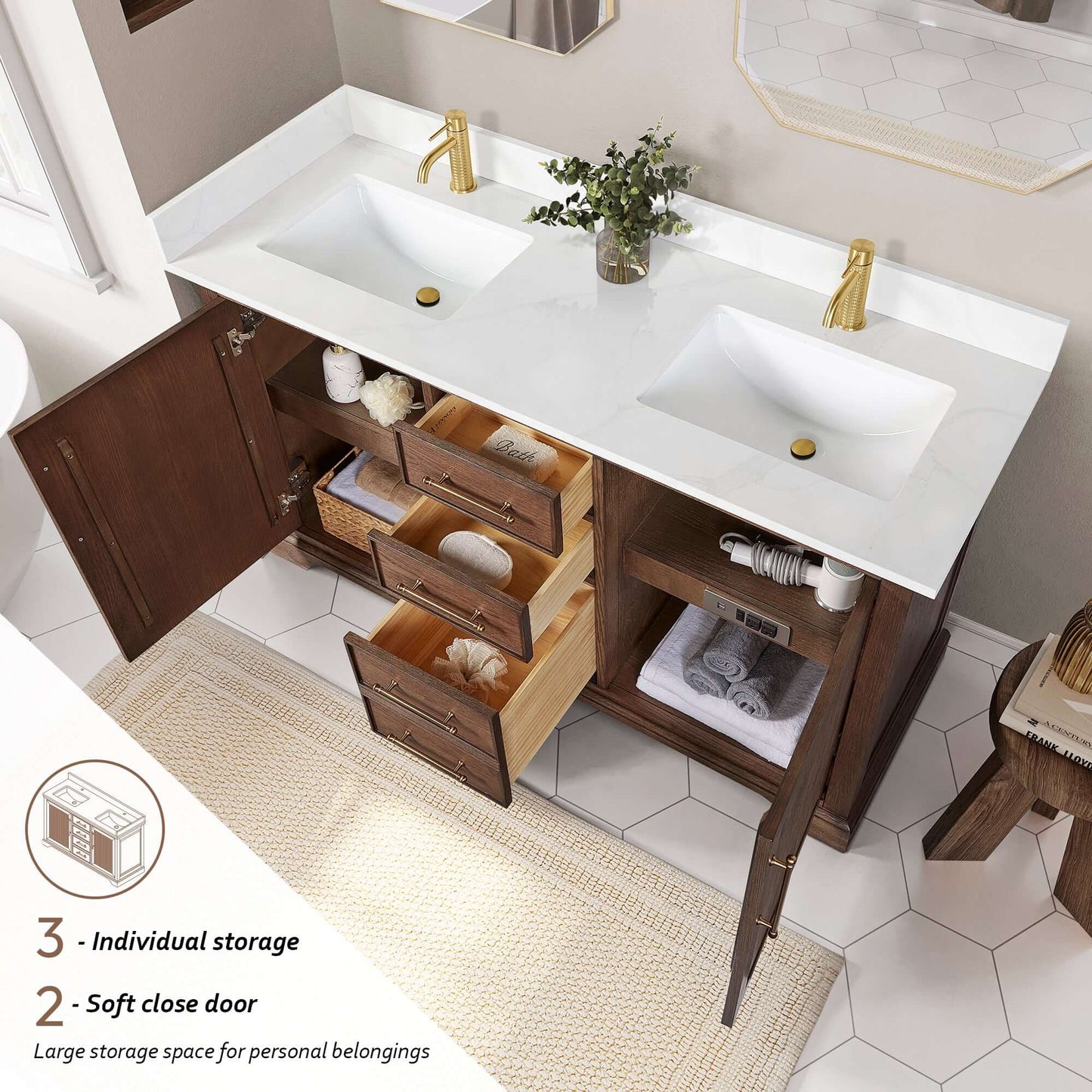 Vinnova, Tokyo 60M" Freestanding Double Bath Vanity in Aged Dark Brown Oak with Silk White Quartz Stone Top in bathroom setting