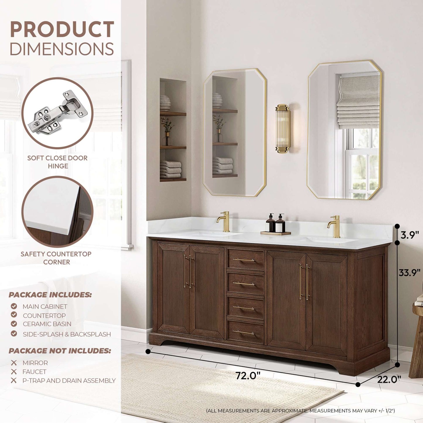 Vinnova, Tokyo 72" Freestanding Double Bath Vanity in Aged Dark Brown Oak with Silk White Quartz Stone Top displayed in bathroom setup