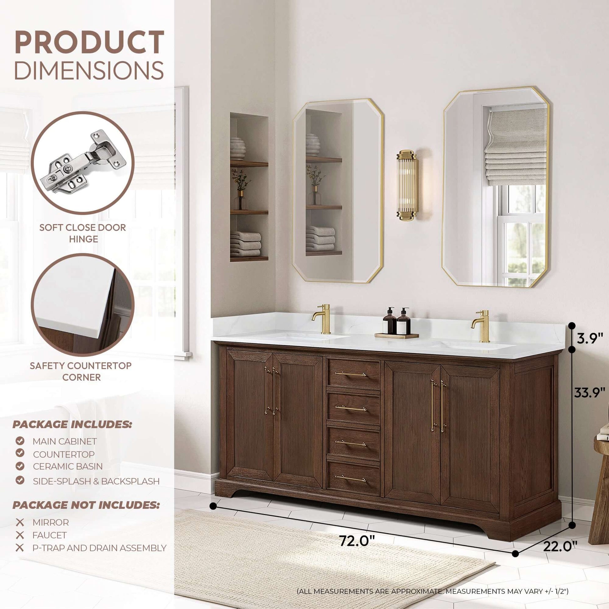 Vinnova, Tokyo 72" Freestanding Double Bath Vanity in Aged Dark Brown Oak with Silk White Quartz Stone Top displayed in bathroom setup