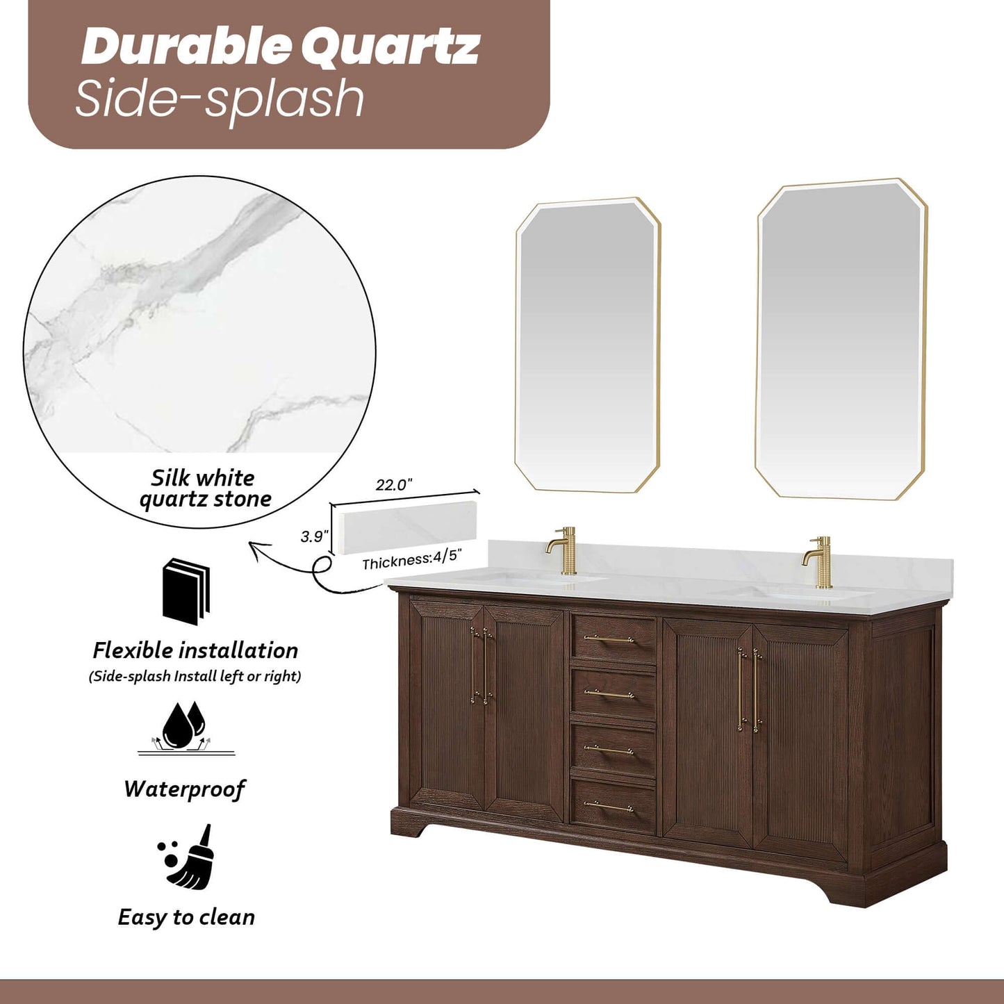Vinnova, Tokyo 72" Freestanding Double Bath Vanity in Aged Dark Brown Oak with Silk White Quartz Stone Top features and design
