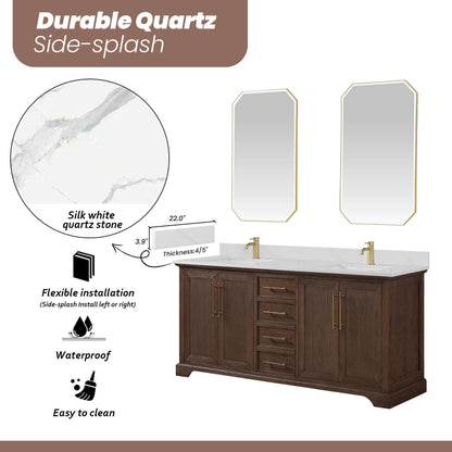 Vinnova, Tokyo 72" Freestanding Double Bath Vanity in Aged Dark Brown Oak with Silk White Quartz Stone Top features and design