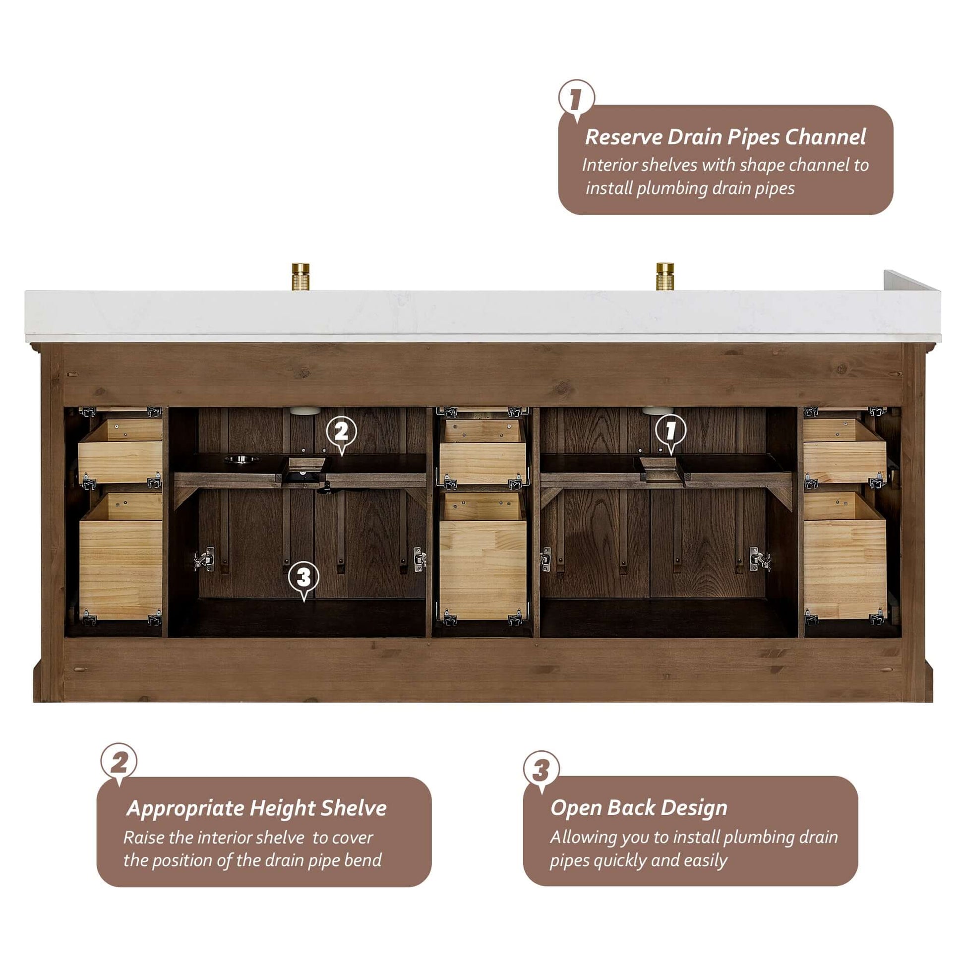Vinnova, Tokyo 84" Freestanding Double Bath Vanity in Aged Dark Brown Oak with Silk White Quartz Stone Top highlighting features