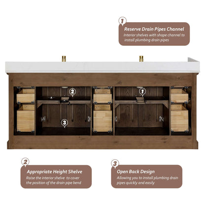Vinnova, Tokyo 84" Freestanding Double Bath Vanity in Aged Dark Brown Oak with Silk White Quartz Stone Top highlighting features