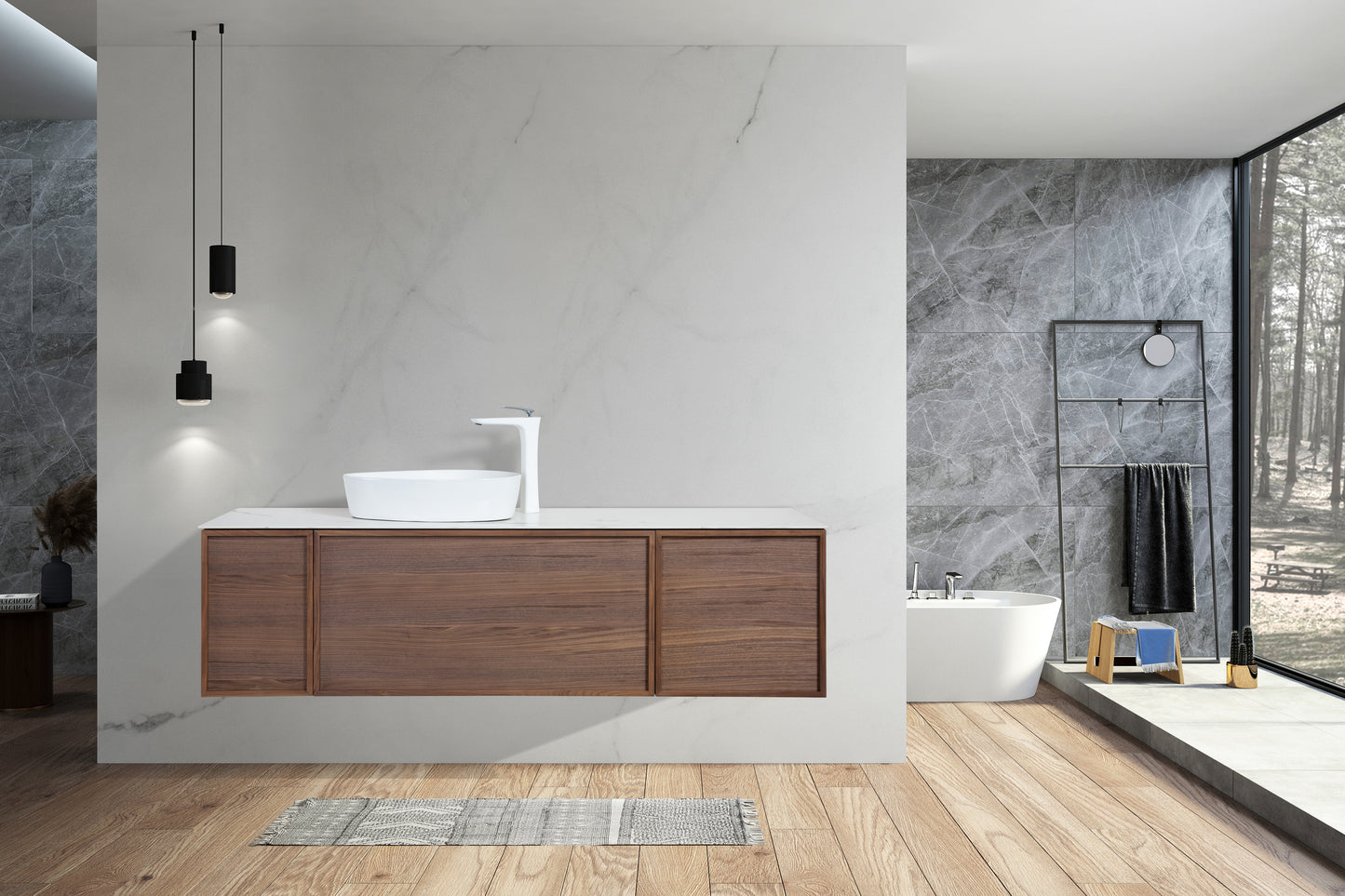 Tona Forest 65-Inch Floating Bathroom Vanity in Grey and Calacatta