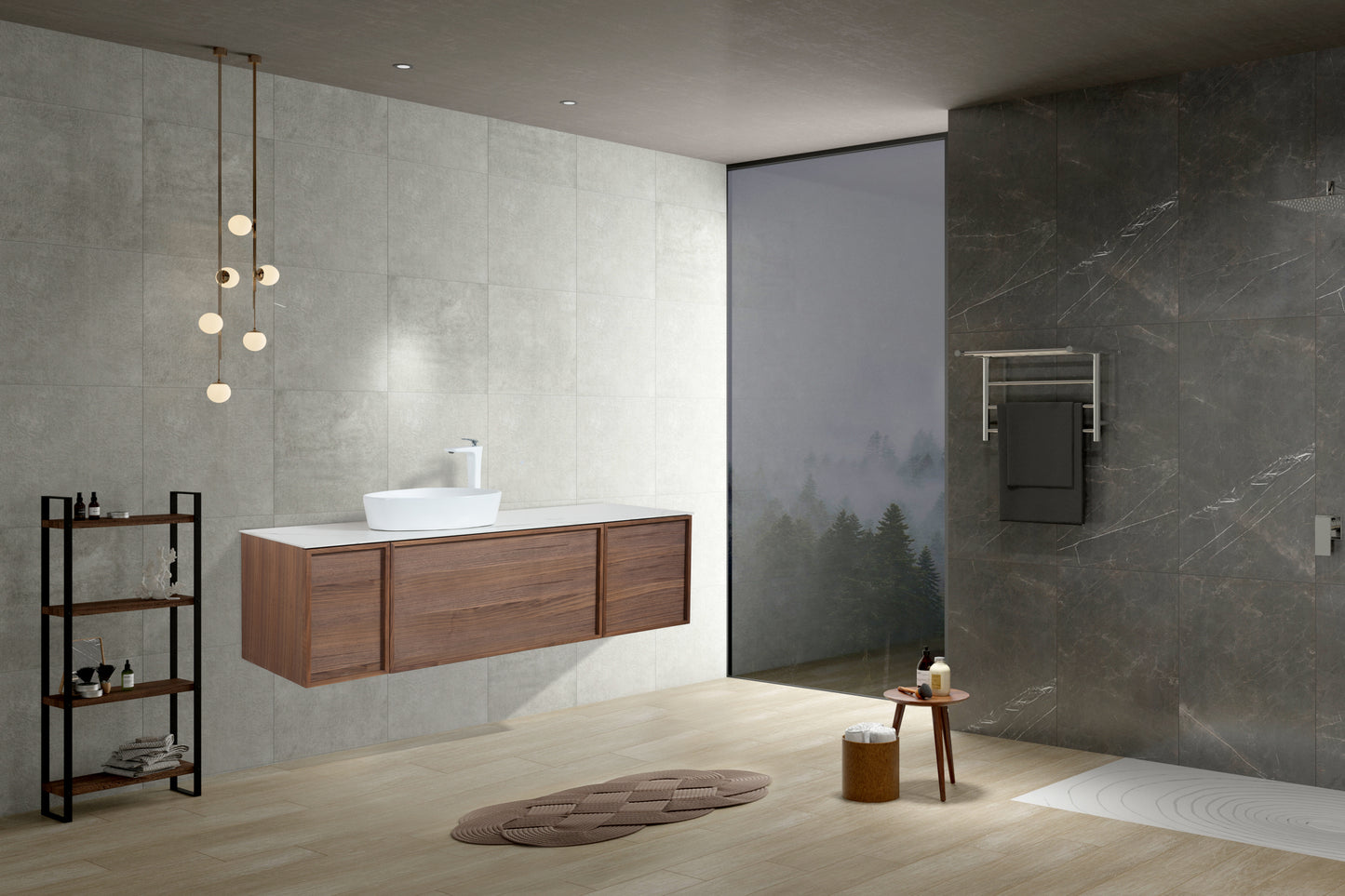 Tona Forest 65-Inch Floating Bathroom Vanity in Grey and Calacatta
