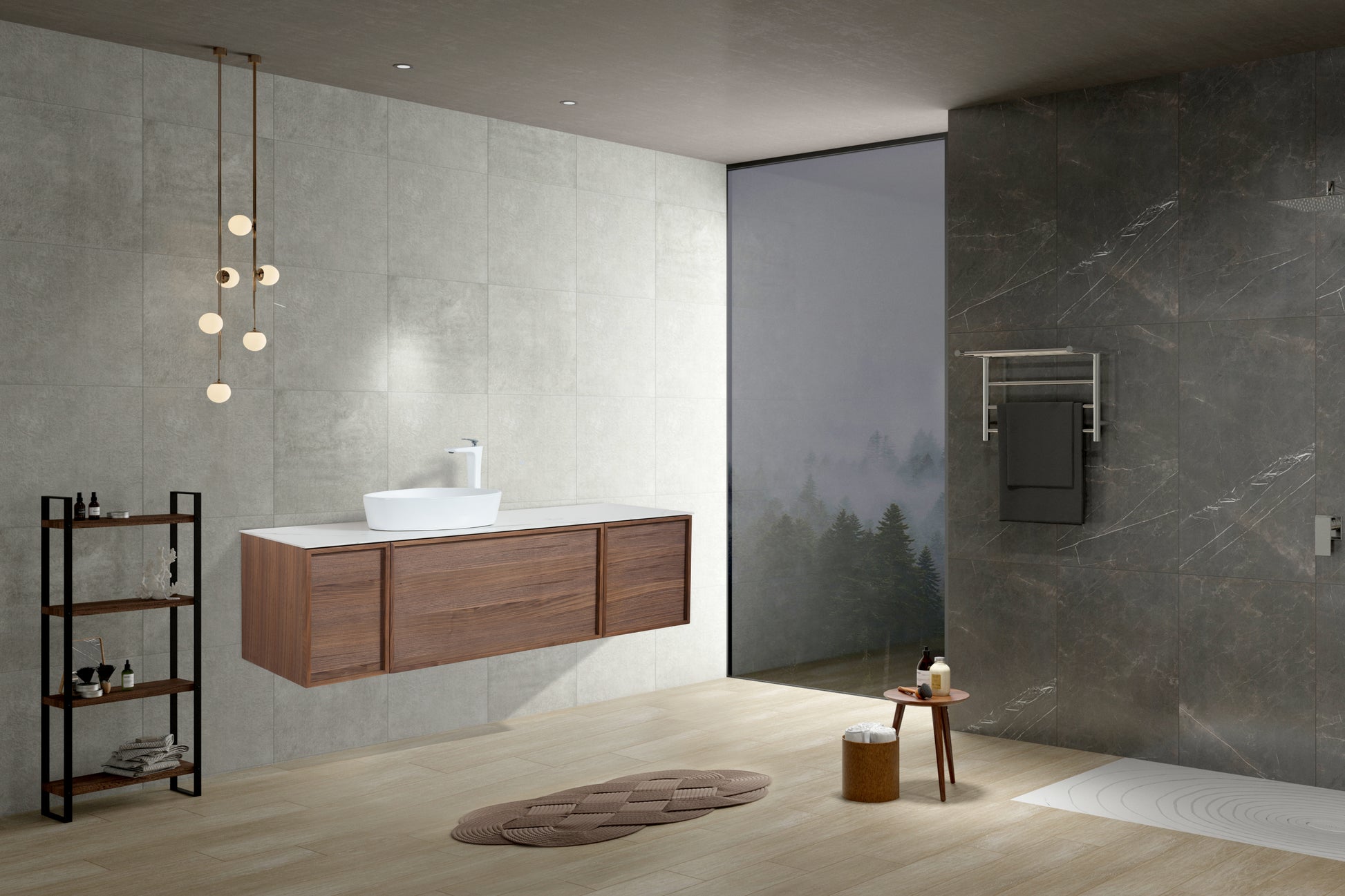 Tona Forest 65-Inch Floating Bathroom Vanity in Grey and Calacatta