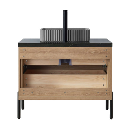Vinnova, Trento 36A" Single Sink Bath Vanity in North American Oak with Black Sintered Stone Top with Concrete Sink, bathroom vanity