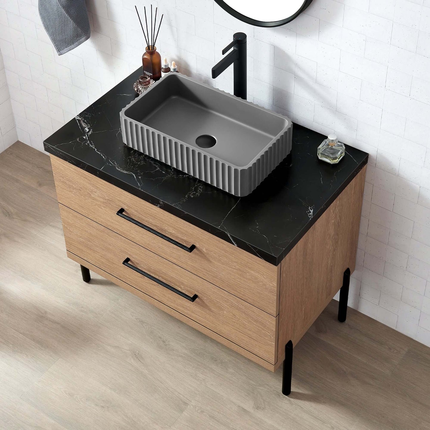 Vinnova, Trento 36A" Single Sink Bath Vanity in North American Oak with Black Sintered Stone Top with Concrete Sink. Bathroom vanity.