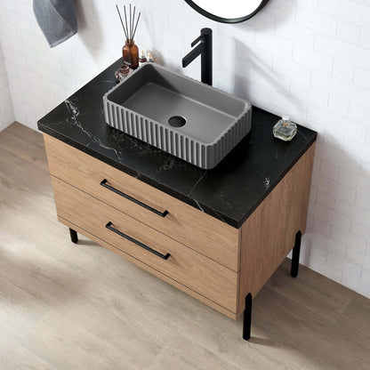 Vinnova, Trento 36A" Single Sink Bath Vanity in North American Oak with Black Sintered Stone Top with Concrete Sink. Bathroom vanity.