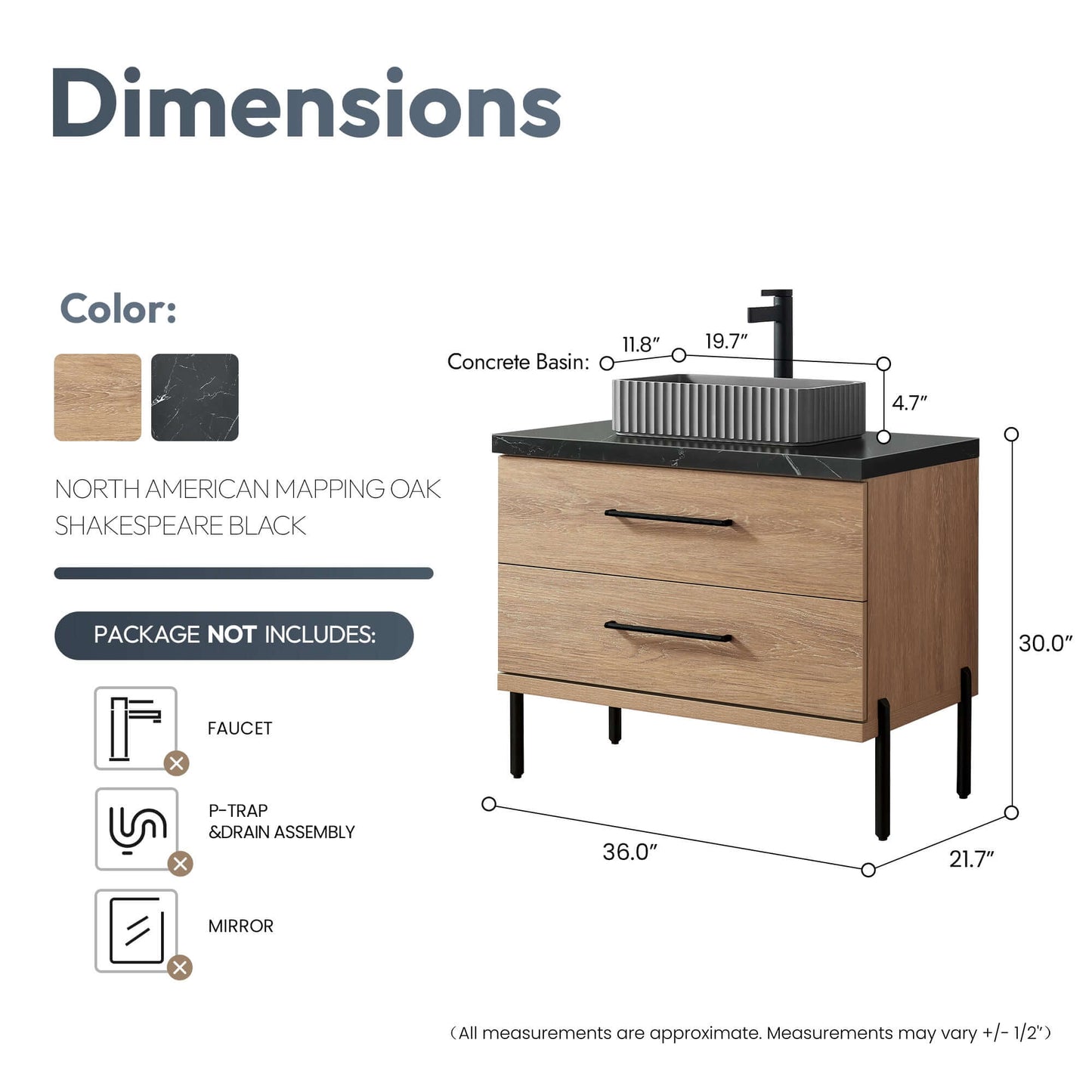 Dimensions of Vinnova, Trento 36A" Single Sink Bath Vanity in North American Oak with Black Sintered Stone Top with Concrete Sink