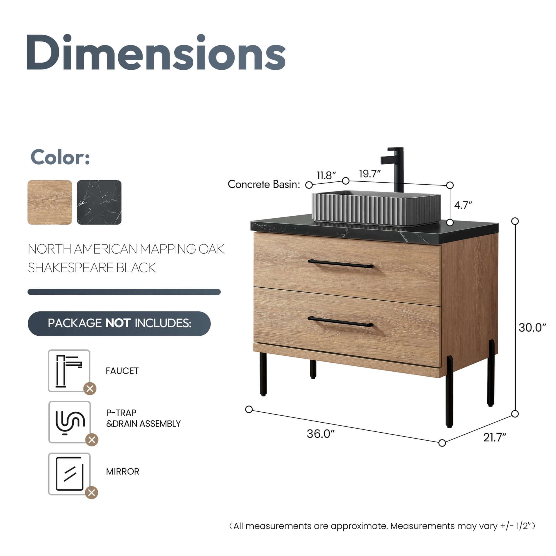 Dimensions of Vinnova, Trento 36A" Single Sink Bath Vanity in North American Oak with Black Sintered Stone Top with Concrete Sink