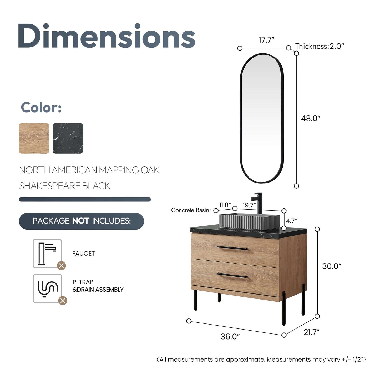 Dimensions of Vinnova, Trento 36A" Single Sink Bath Vanity in North American Oak with Black Sintered Stone Top with Concrete Sink and Mirror.