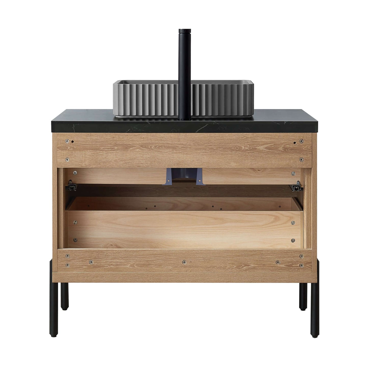 Vinnova, Trento 36A" Single Sink Bath Vanity in North American Oak with Black Sintered Stone Top with Concrete Sink and Mirror