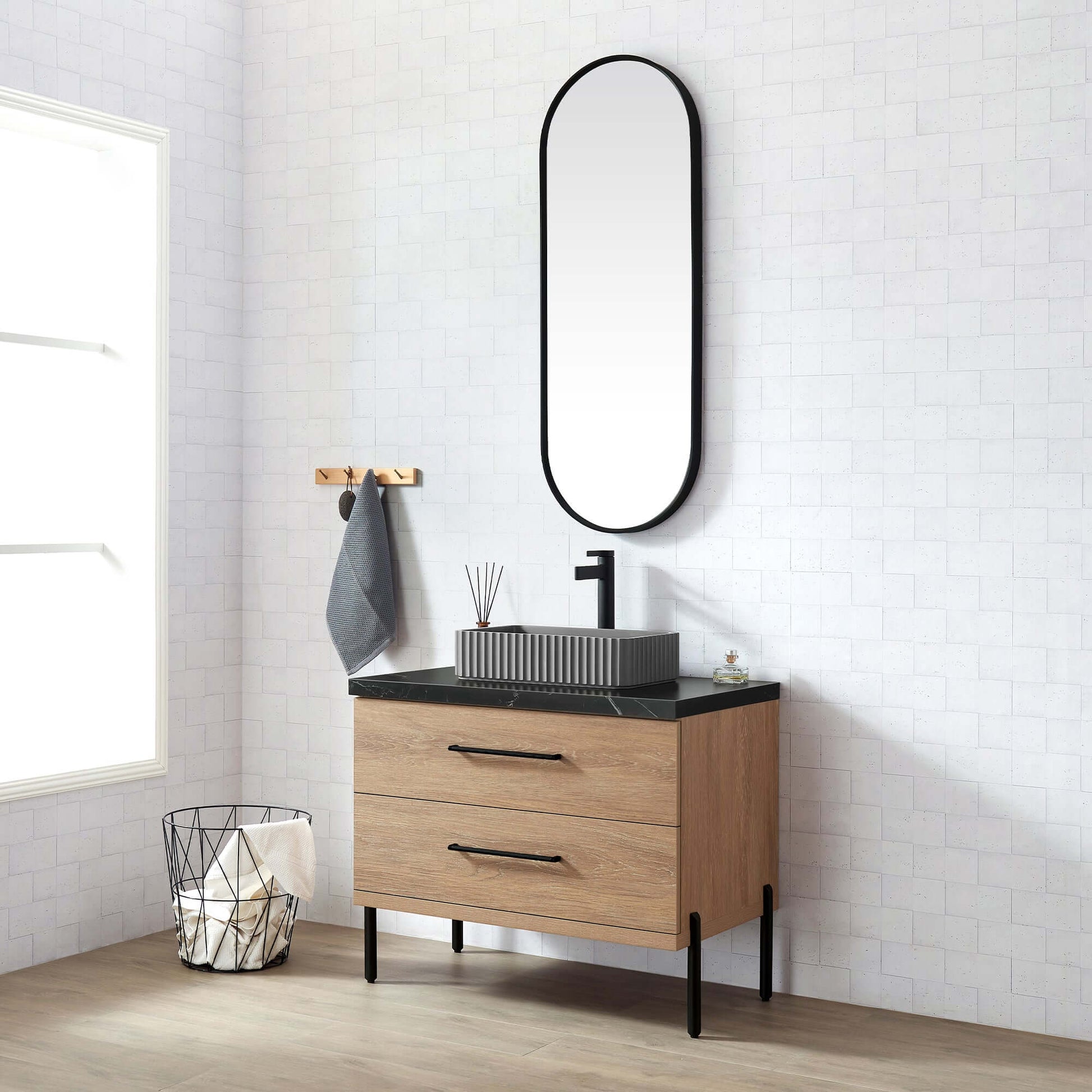 Vinnova, Trento 36A" Single Sink Bath Vanity in North American Oak with Black Sintered Stone Top with Concrete Sink and Mirror in bathroom