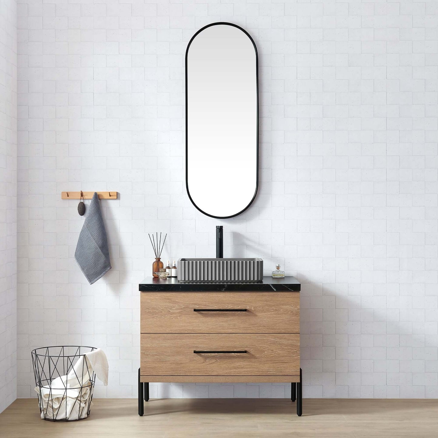 Vinnova, Trento 36A" Single Sink Bath Vanity in North American Oak with Black Sintered Stone Top with Concrete Sink and Mirror for bathroom