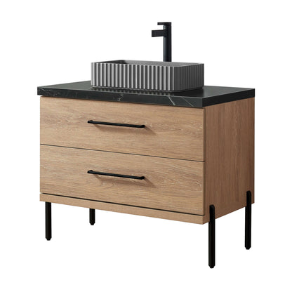 Vinnova, Trento 36A" Single Sink Bath Vanity in North American Oak with Black Sintered Stone Top with Concrete Sink - Bathroom Vanity