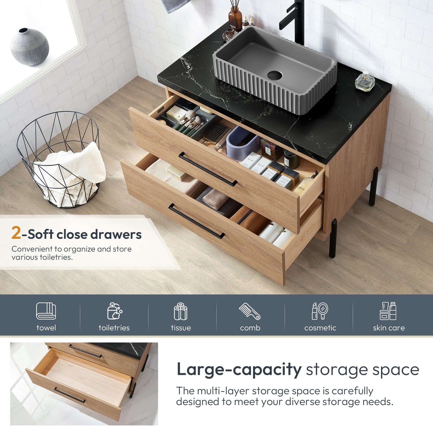 Vinnova, Trento 36A" Single Sink Bath Vanity in North American Oak with Black Sintered Stone Top with open storage drawers
