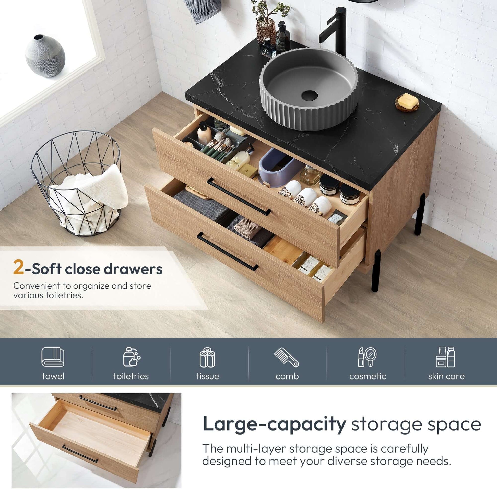 Vinnova, Trento 36B" Single Sink Bath Vanity in North American Oak with Black Sintered Stone Top with Concrete Sink and Mirror