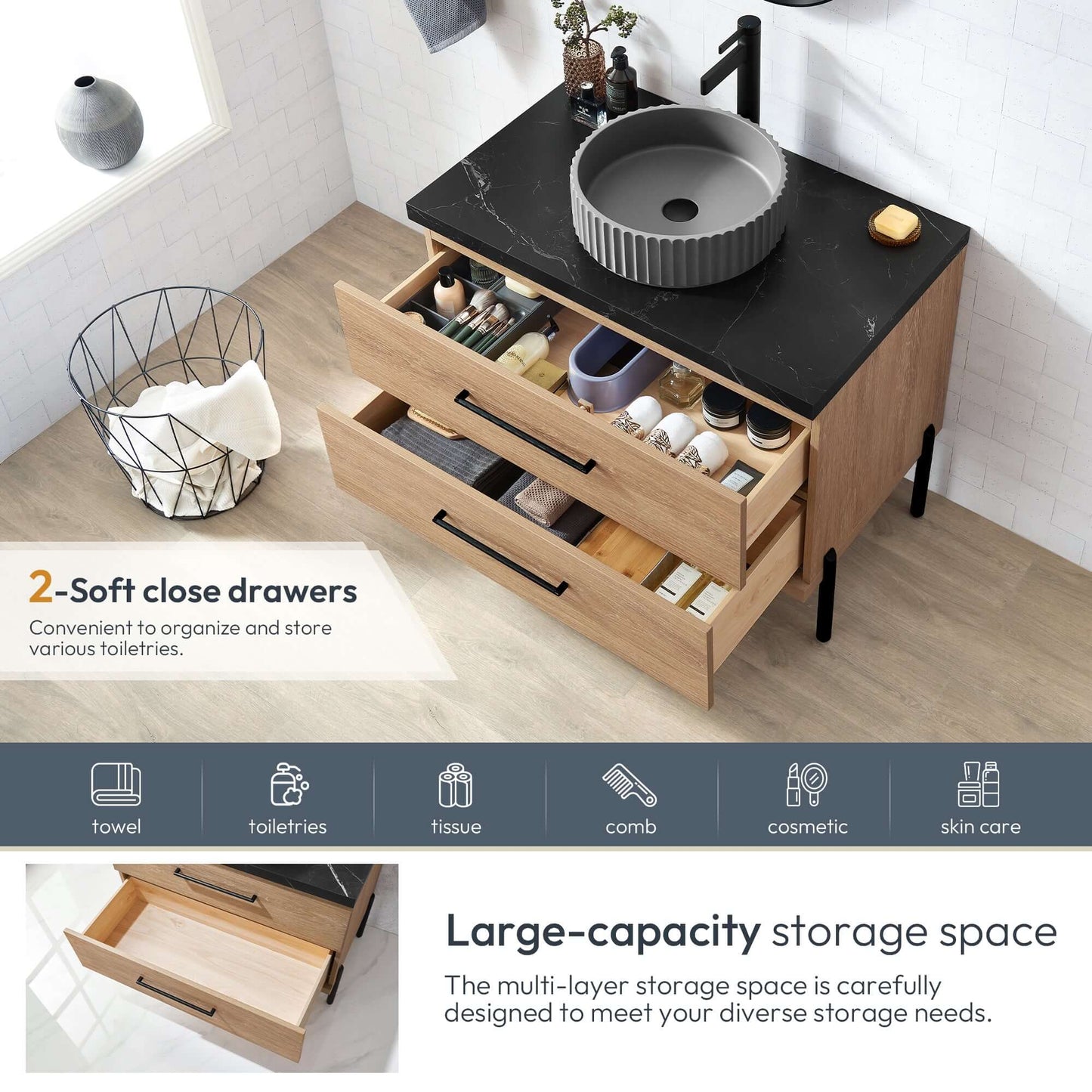 Vinnova, Trento 36B" Single Sink Bath Vanity in North American Oak with Black Sintered Stone Top with Concrete Sink, open drawers view