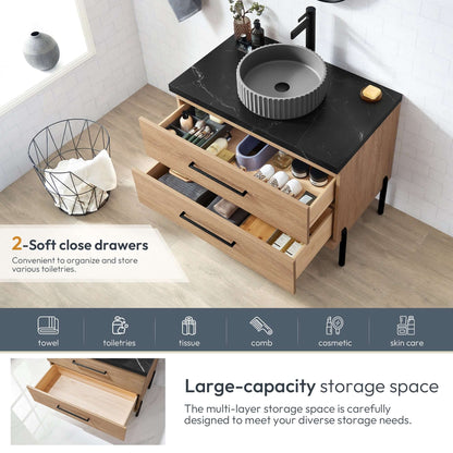 Vinnova, Trento 36B" Single Sink Bath Vanity in North American Oak with Black Sintered Stone Top with Concrete Sink, open drawers view
