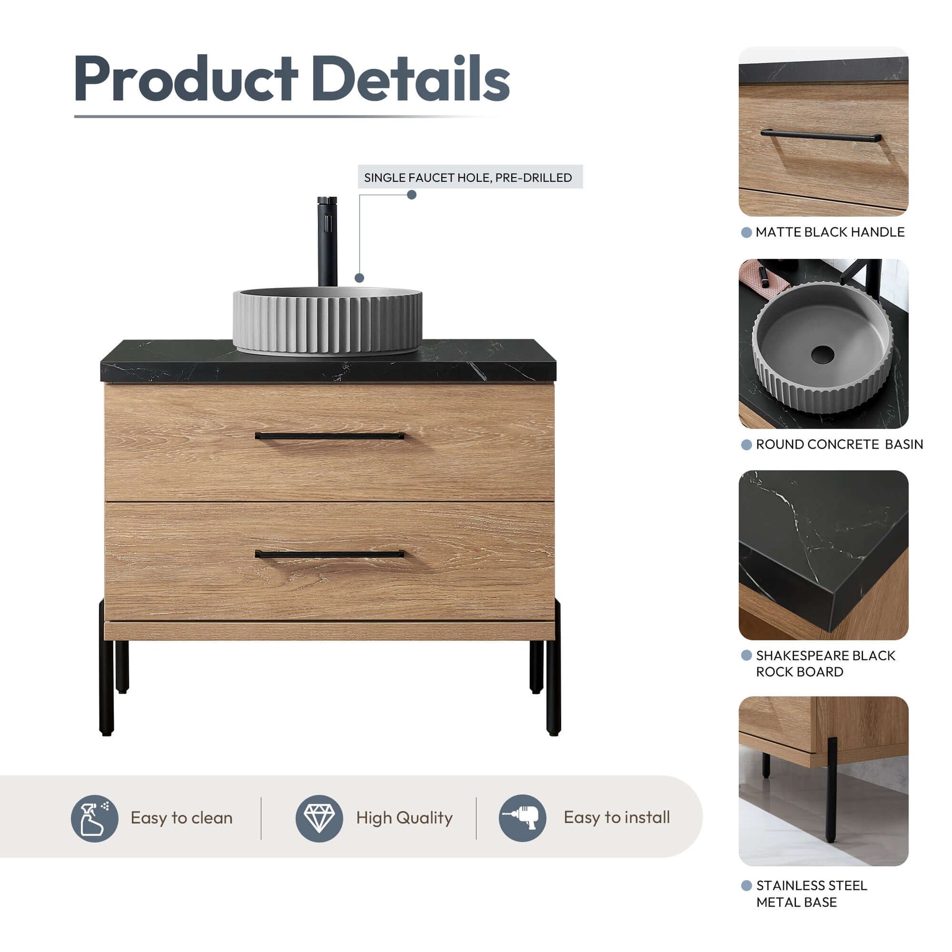 Vinnova, Trento 36B" Single Sink Bath Vanity in North American Oak with Black Sintered Stone Top with Concrete Sink, bathroom vanity details