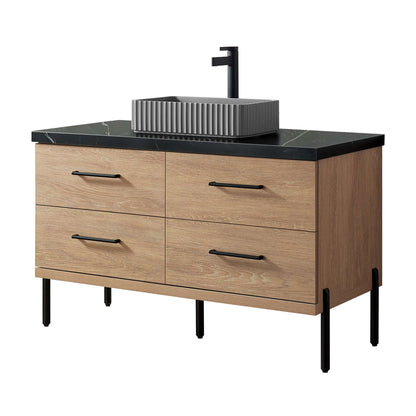 Vinnova, Trento 48A" Single Sink Bath Vanity in North American Oak with Black Sintered Stone Top with Concrete Sink, bathroom vanity