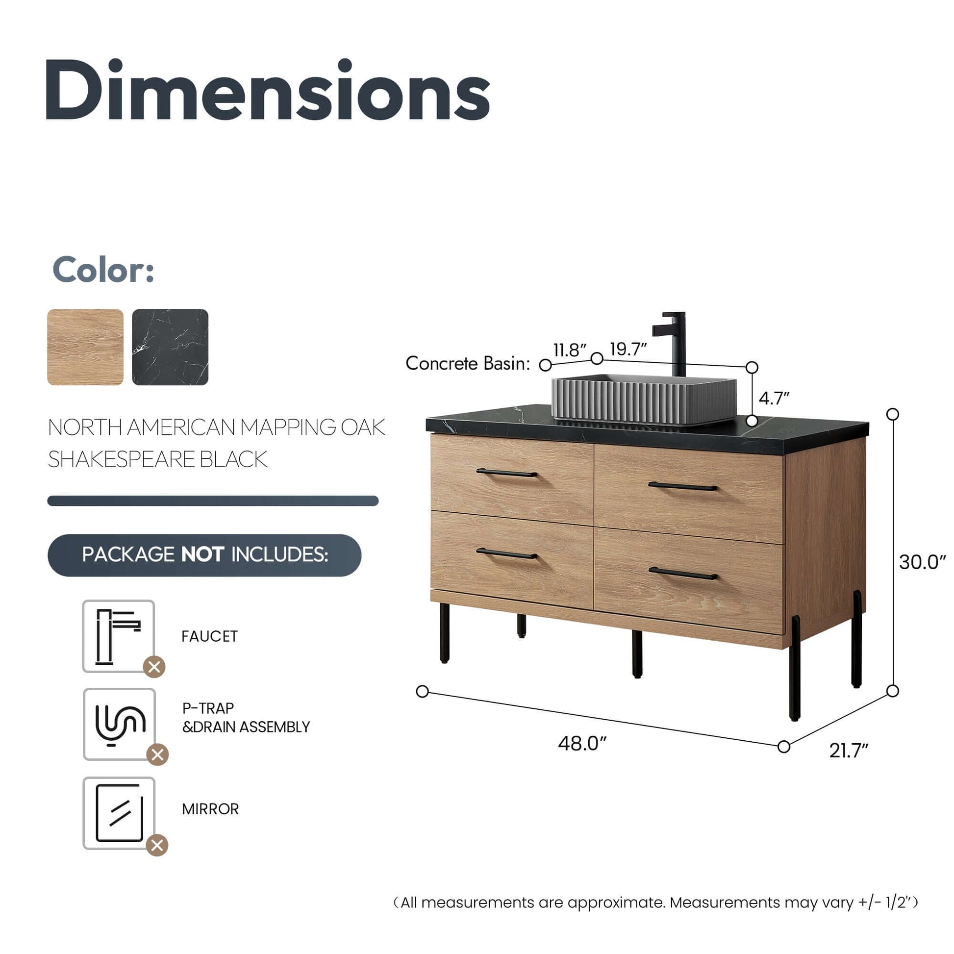 Dimensions of Vinnova, Trento 48A" Single Sink Bath Vanity in North American Oak with Black Sintered Stone Top with Concrete Sink
