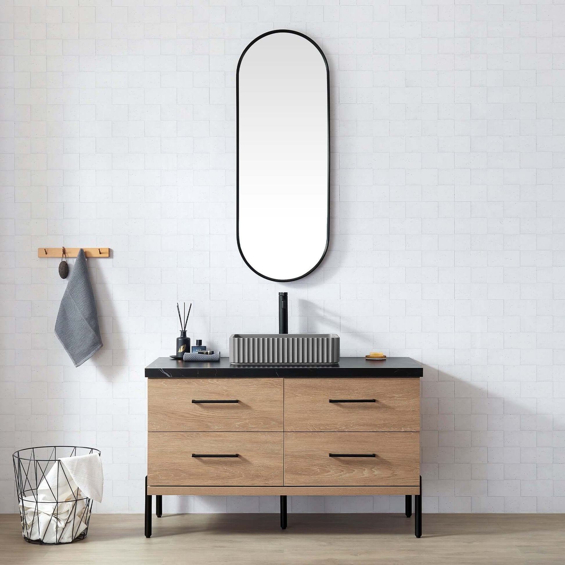 Vinnova, Trento 48A" Single Sink Bath Vanity in North American Oak with Black Sintered Stone Top with Concrete Sink and Mirror