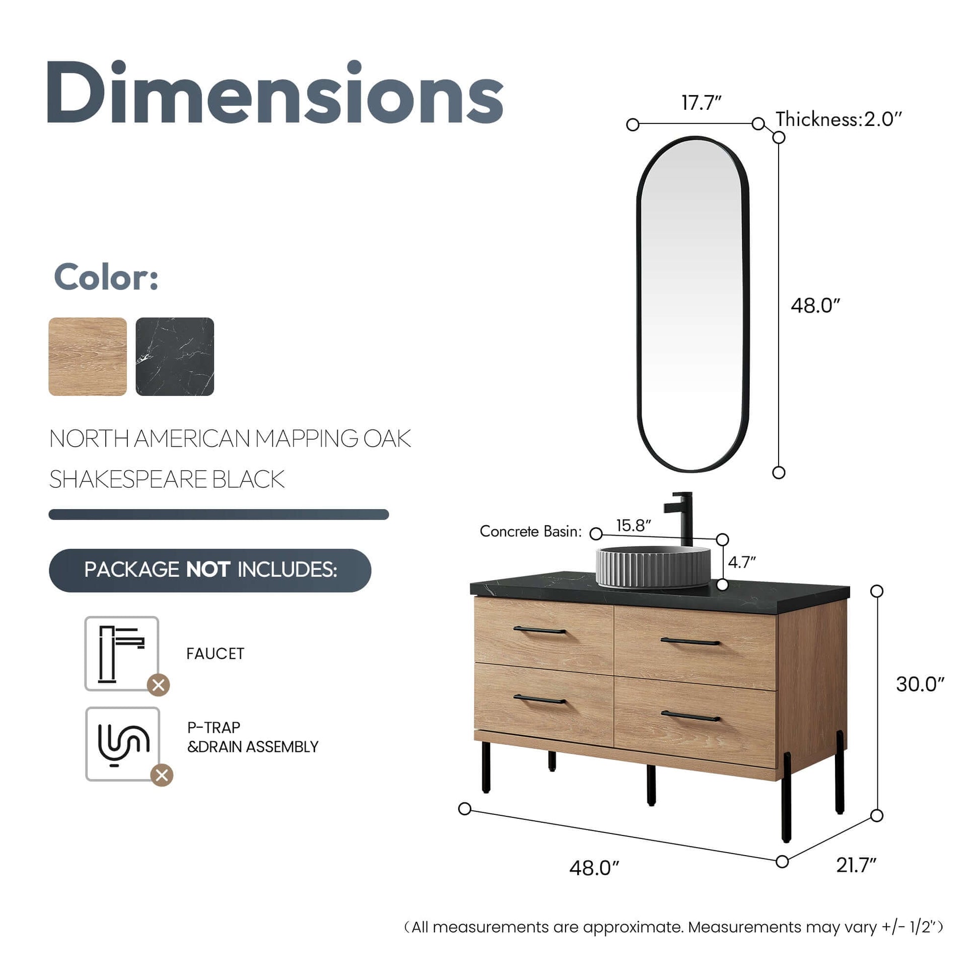 Dimensions and color details of the Vinnova, Trento 48B" Single Sink Bath Vanity in North American Oak with Black Sintered Stone Top and Concrete Sink.
