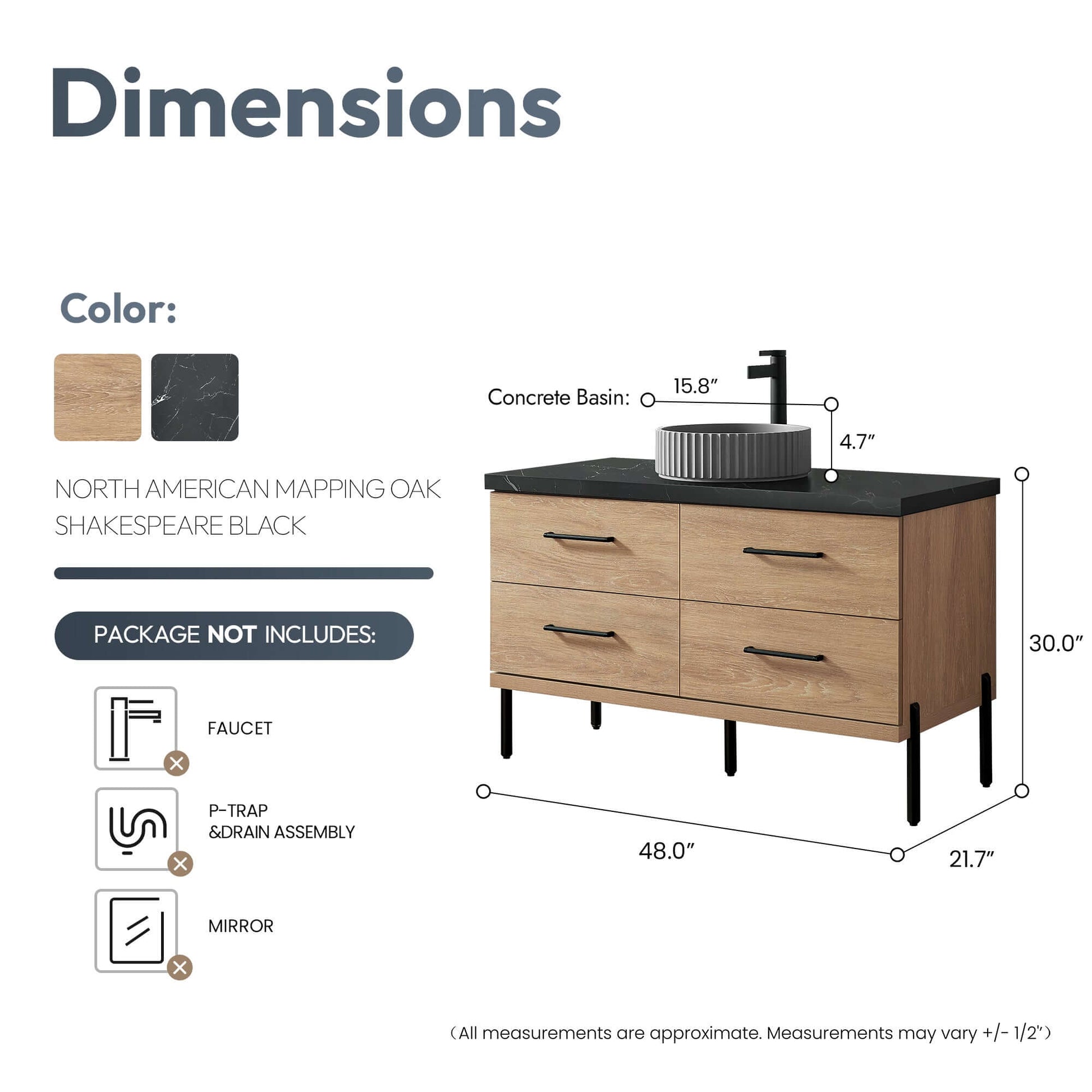 Vinnova, Trento 48B" Single Sink Bath Vanity in North American Oak with Black Sintered Stone Top and Concrete Sink dimensions