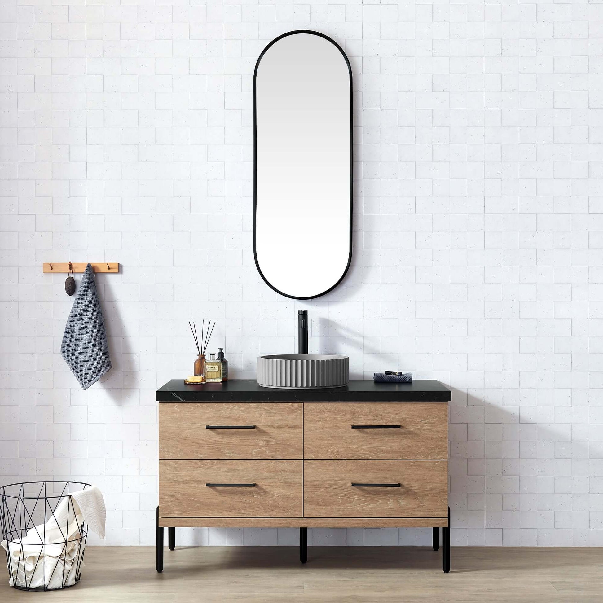 Vinnova, Trento 48B" Single Sink Bath Vanity in North American Oak with Black Sintered Stone Top with Concrete Sink and Mirror in bathroom