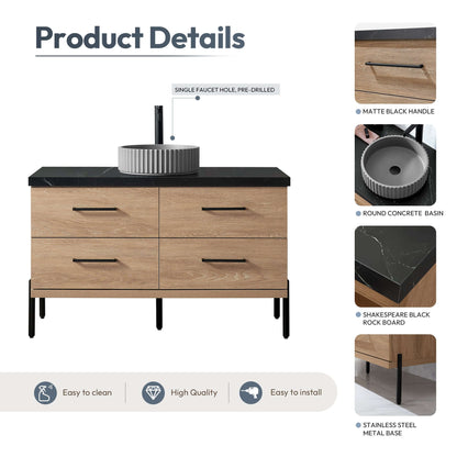 Vinnova, Trento 48B Single Sink Bath Vanity in North American Oak with Black Sintered Stone Top with Concrete Sink, product details