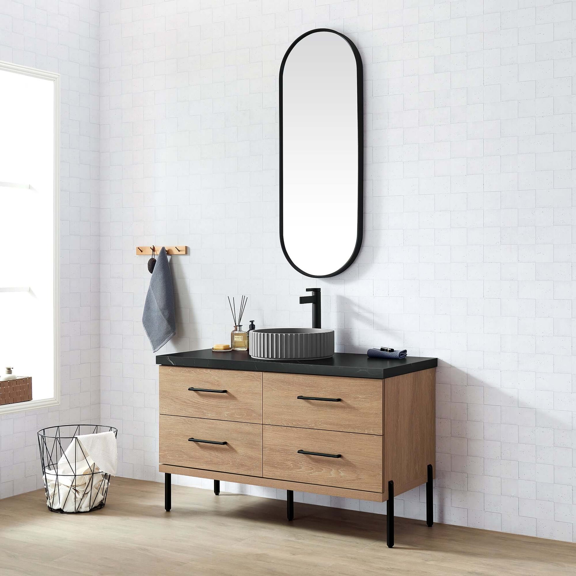 Vinnova, Trento 48B" Single Sink Bath Vanity in North American Oak with Black Sintered Stone Top with Concrete Sink and Mirror