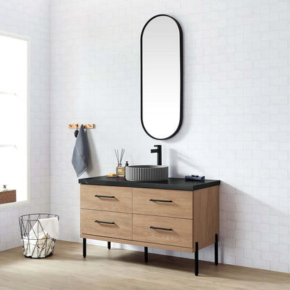 Vinnova, Trento 48B" Single Sink Bath Vanity in North American Oak with Black Sintered Stone Top with Concrete Sink and Mirror