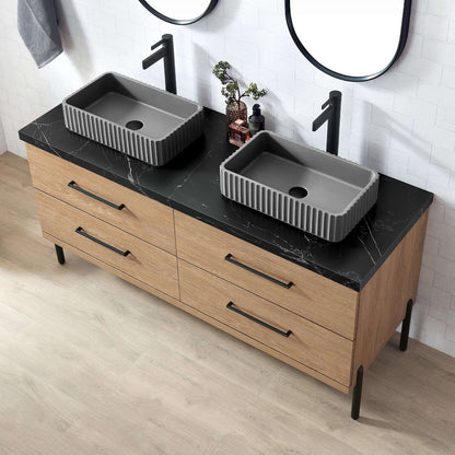 Vinnova, Trento 60A" Double Sink Bath Vanity in North American Oak with Black Sintered Stone Top with Concrete Sink and Mirror displayed in a modern bathroom setting.