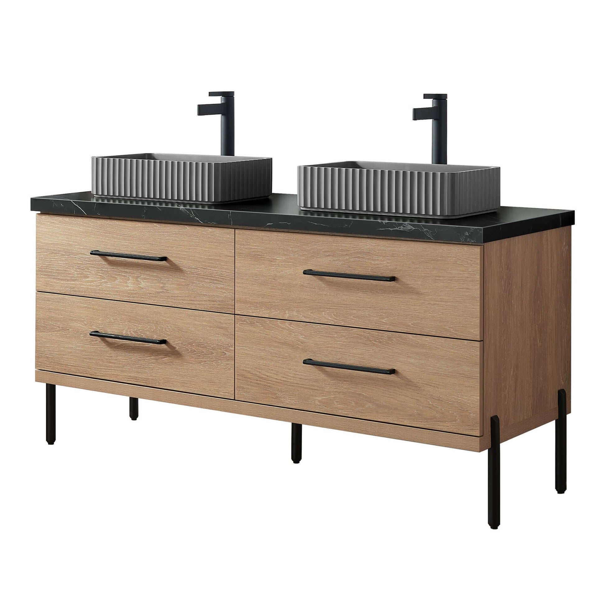 Vinnova, Trento 60A" Double Sink Bath Vanity in North American Oak with Black Sintered Stone Top with Concrete Sink for bathroom