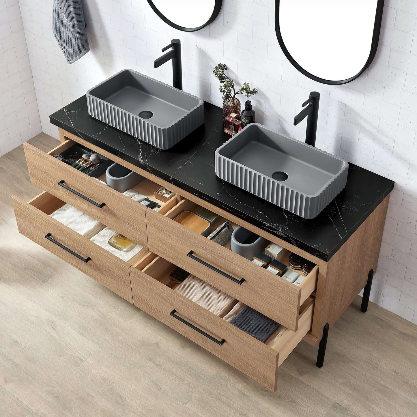 Vinnova, Trento 60A" Double Sink Bath Vanity in North American Oak with Black Sintered Stone Top with Concrete Sink and Mirror