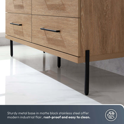 Side view of Vinnova, Trento 60A" Double Sink Bath Vanity showcasing North American Oak finish and sturdy black metal legs.