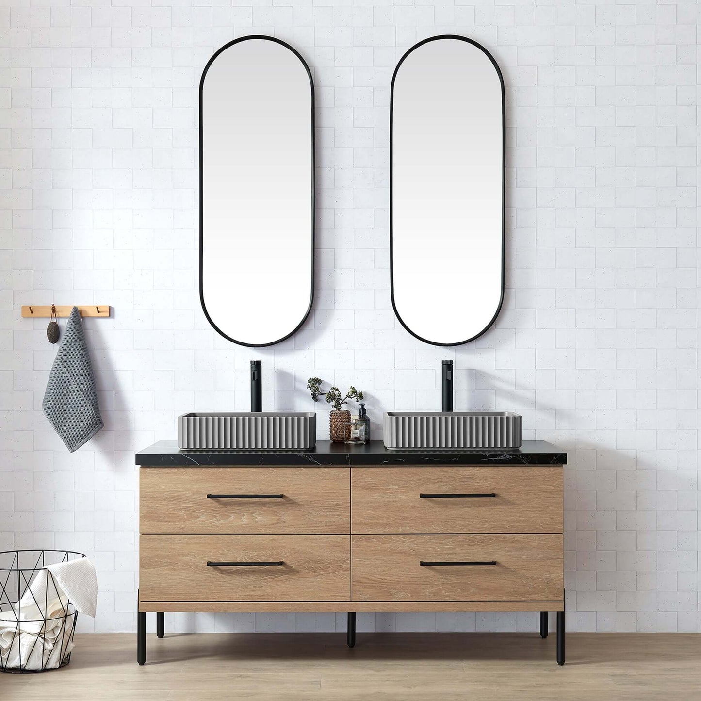 Vinnova, Trento 60A" Double Sink Bath Vanity in North American Oak with Black Sintered Stone Top with Concrete Sink and Mirror in modern bathroom