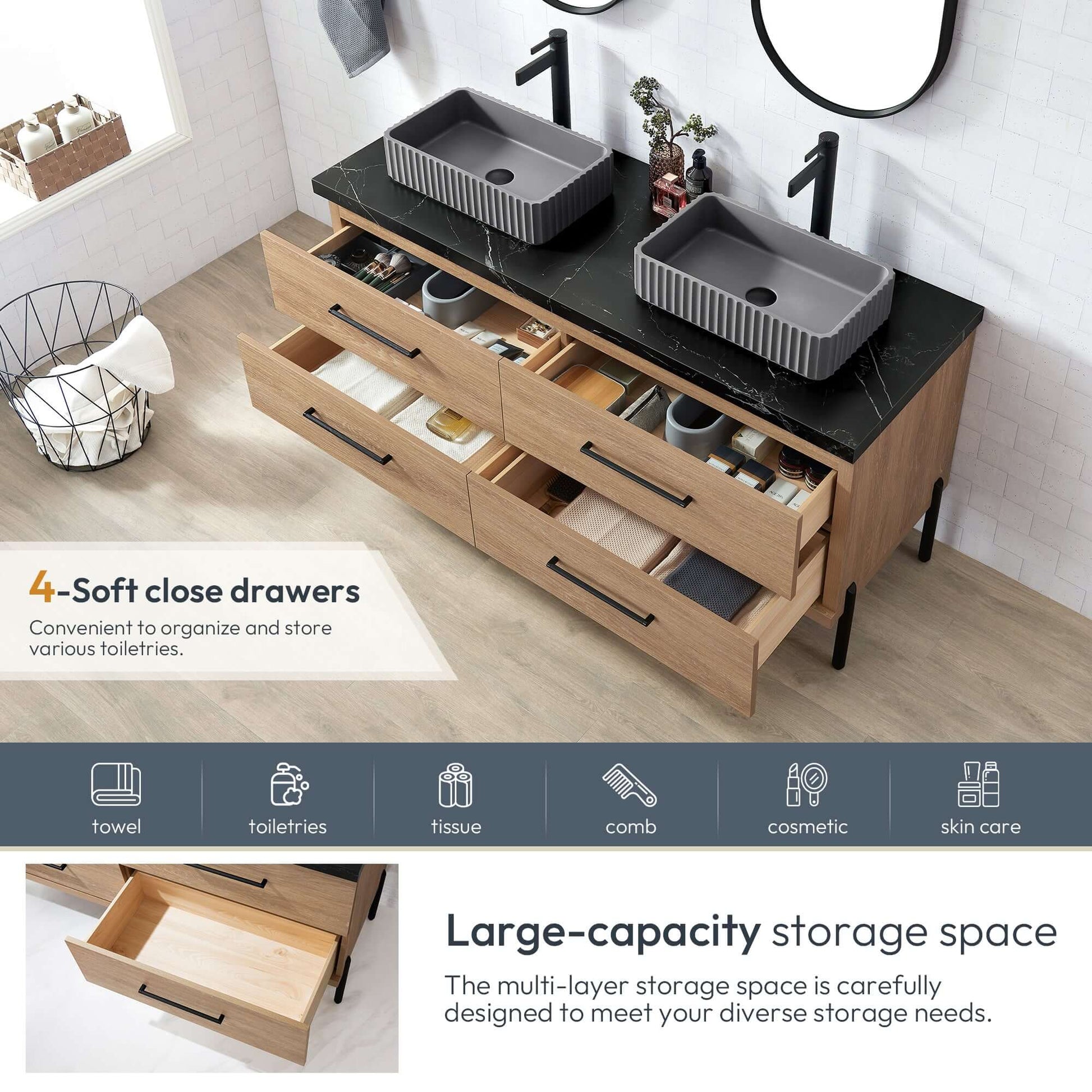 Vinnova, Trento 60A Double Sink Bath Vanity in North American Oak with Black Sintered Stone Top with Concrete Sink and Mirror